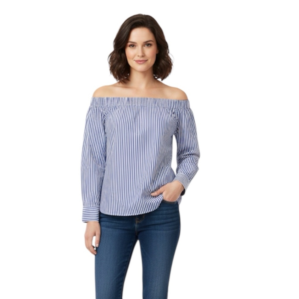 Polo Ralph Lauren Cotton Blue & White Off Shoulder Long Sleeve Top Size: SP